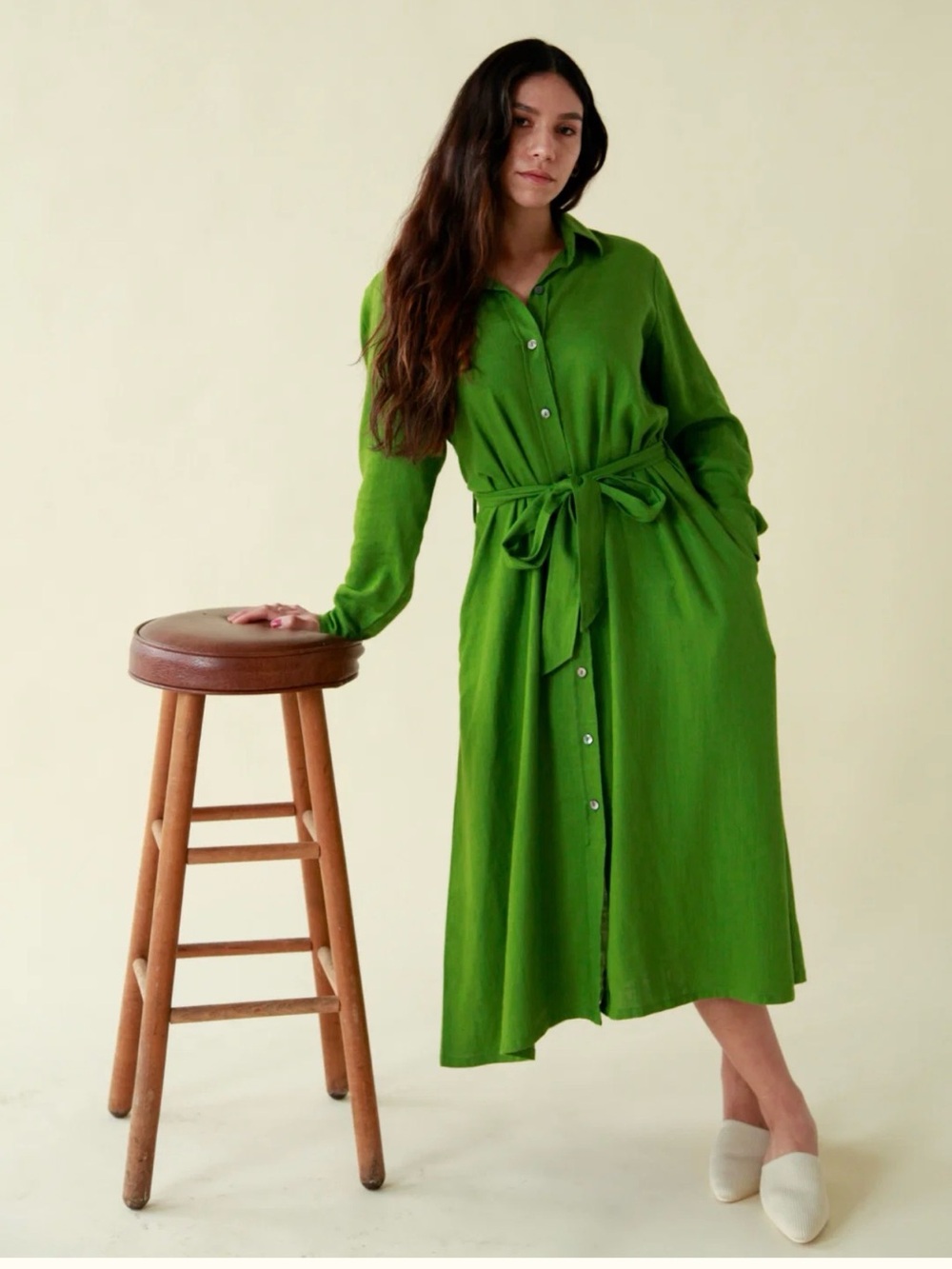 Uniqlo Bright Green Button-Front Midi Shirt Dress